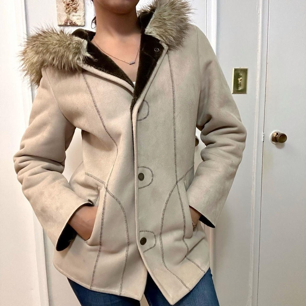 Jessica Soft Faux Fur Trim Jacket Tan Size Medium